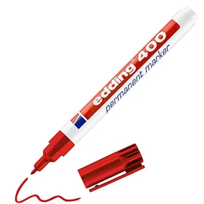 Image of edding 400 permanent marker red 10 pens fine round tip 1 mm waterproof, quick drying, smear proof for cardboard, plastic, wood, metal, glass and fabric