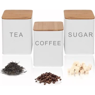 Image of AYSUM Tea Coffee &amp; Sugar Canisters Set of 3, Kitchen Storage Tins Jar Container With Airtight Bamboo Lid, White Square Jars
