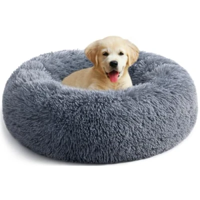 Image of YOJOGEE Calming Donut Puppy Bed for Medium Small Dogs Cats, Fluffy Anti Anxiety Washable Non Slip Plush Cuddler Warming Round Faux Fur Pet