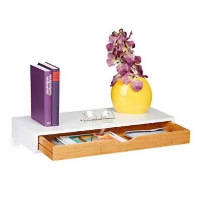 Image of Relaxdays Floating Shelf with Drawer, HxWxD: 8 x 60 24 cm, Scandinavian Design, Storage, MDF, Bamboo, White/Natural