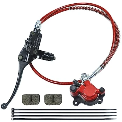 Image of HOLATO 50 Inch Upgraded Hydraulic Brake Master Cylinder Caliper System with Pads for 97cc 2.8HP Baja DoodleBug Dirt Bug DB30 Blitz Mini Bike Moto On Left 7/8&quot; Handlebars Parts Red