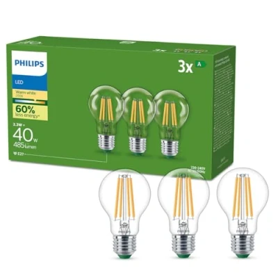 Image of PHILIPS Clear Ultra Efficient Filament LED Bulb (3 Pack), 2.3W Equivalent to 40W, E27, Warm White Light 2700K, Energy Efficiency A