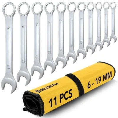 Image of BLOSTM Combination Spanner Set 11 Piece (6mm 19mm), Chrome Plated, Drop Forged Double Ended Metric Set, Ideal for DIY Projects &amp; Repairs, Includes Roll Up Storage Pouch PCS