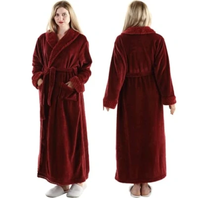 Image of Dressing Gown Women Full Length Robe Plus Size Fleece Winter Warm Bathrobe, UK10 14(label L), Wine Red