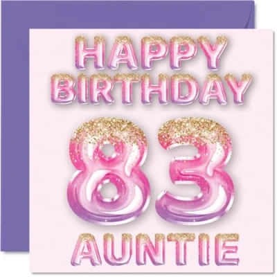 Image of 83rd Birthday Card for Auntie Pink &amp; Purple Glitter Balloons Happy Cards 83 Year Old Aunt Aunty from Nephew Niece, 145mm x Bday Greeting Gift