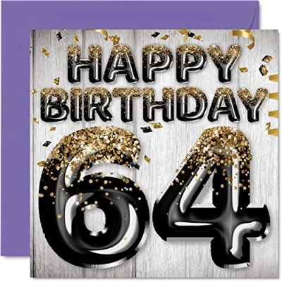 Image of 64th Birthday Card for Men Black &amp; Gold Glitter Balloons Happy Cards 64 Year Old Man Dad Grandad Grandpa Gran Uncle, 145mm x Sixty Four Fourth Bday Greeting Gift