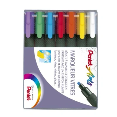 Image of Pentel Weterase Ink Liquid Chalk Marker Pen for Glass/Smooth Surface Pochette de 7 Blanc/Jaune/Orange/Vert/Rouge/Bleu/Violet
