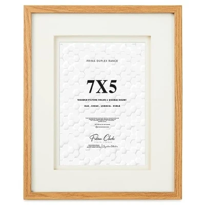 Image of Fabian Clarke London® Oak Colour Wooden Picture Photo Frame with Off White Double Mount to Hang Portrait or Landscape (7x5)