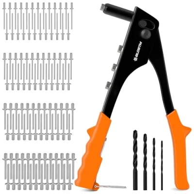 Image of BLOSTM Pop Rivet Gun Set 100 PCS Rivets in 4 Sizes (2.4mm 3.2mm 4mm 4.8mm) Riveter Gun, Nosepieces, Drill Bits Hand for Metal, Plastic, Auto Repairs, Furniture (Orange)