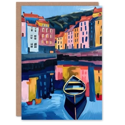 Image of Artery8 Greeting Card Colourful Staithes North Yorkshire Seaside Boat Blank For Him Or Her Art Birthday