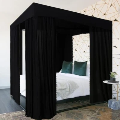 Image of Kmhesvi Black Canopy Bed Curtains 4 Corner Post Queen for Adults Girls Bedroom Decoration(Black, Queen)
