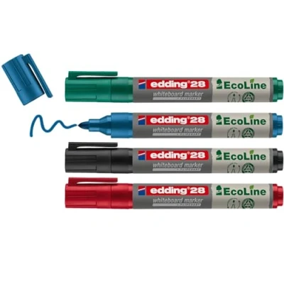 Image of edding 28 EcoLine whiteboard marker black, red, blue, green set of 4 pens round nib 1.5 3 mm pen dry wipe for whiteboards, flipcharts, memo boards sketchnotes