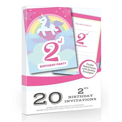 Image of Olivia Samuel 20 x 2nd Birthday Party Invitations from Unicorn &amp; Rainbow Pink Invites Ready to Write with Envelopes
