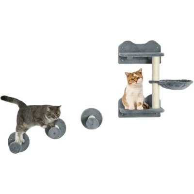 Image of PawHut 4 Piece Cat Shelf Wall Furniture Mounted Tree for Indoor w/Hammock, Steps, Platforms, Scratching Post Grey