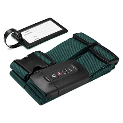 Image of Navaris Suitcase Strap with TSA Lock Cross Case Baggage Belt Combination and Luggage Tag for Suitcases, Cabin Cases, Travel Bags Green