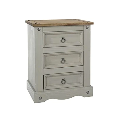 Image of Home Source 3 Drawer Bedside Cabinet, Farmhouse Style, Grey, Pine Wood