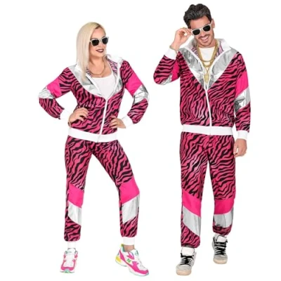 Image of Widmann 11290 Costume 80s Tiger Tracksuit, Pink, Jacket and Trousers, Print, Animal, Jogging Suit, Retro Style, Bad Taste Party, Carnival, Multicoloured, XXL