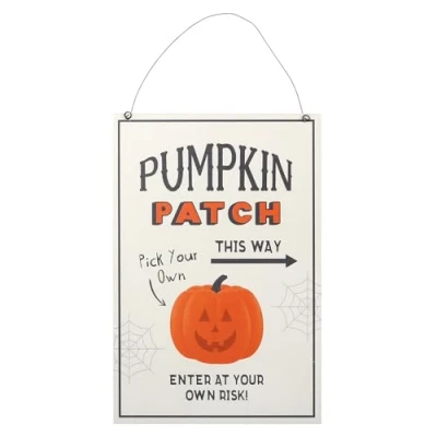 Image of Creepy Multicolor MDF Pumpkin Patch Hanging Sign 30cm x 20cm (1 Pc.) Spooky Decor, Premium Quality Outdoor Accent Perfect for Halloween