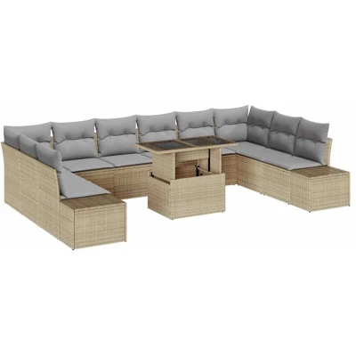 Image of vidaXL 11 Piece Garden Sofa Set with Cushions Beige Poly Rattan