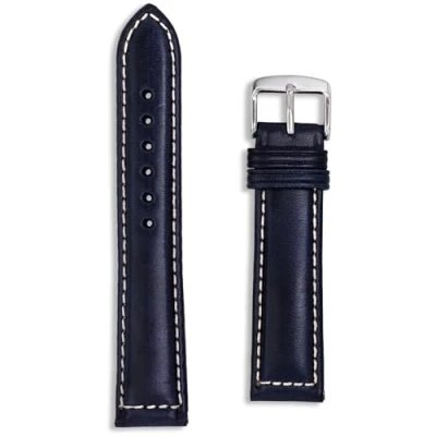 Image of Italian Leather Watch Strap Navy Blue 22mm Sorrento Oiled Band White Stitching Gold Silver Buckle Spring Bars and Tool Included 22