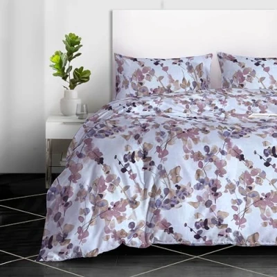 Image of RAYBedding 3 Piece Double Duvet Set 100% Egyptian Cotton, 400 Thread Count Floral Printed Mauve Leaf Cover &amp; 2 Pillow Cases