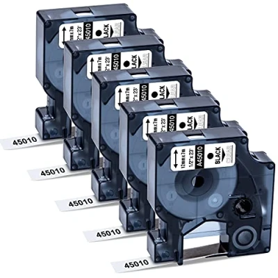 Image of 5X MarkField Compatible 45010 Labels Tape Replacement for Dymo D1 Tapes 12mm x 7m S0720500 Cassete LabelManager 160 280 220P 360D LabelPoint 100 150 350, LW 450 Duo, Black on Transparent