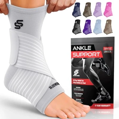 Image of Sleeve Stars Ankle Brace for Sprained Ankle, Plantar Fasciitis Relief Support Women &amp; Men, Compression w/Strap, Achilles Tendonitis Brace, Foot Wrap (Single/White)