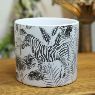 Image of Fyne Finds Round Ceramic Zebra Animal Jungle Scene Succulent Cactus Indoor Home Planter 12cm, 5inch Herb Plant Pot Cover Holder