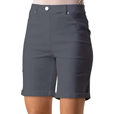 Image of Roman Originals Stretch Shorts for Women UK Ladies Pull On Turned Hem Cut Off Bengaline Mom Boyfriend Boy Denim Casual Cropped Pants Capri Slim Fit Turn Up Summer Crops Mother Dark Grey Size 14