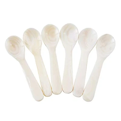 Image of DUEBEL Set of 6 White Mother Pearl MOP Caviar Spoons for Caviar, Egg, Icecream, Coffee Serving (White, 9x2.4cm)