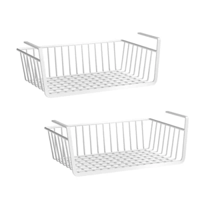 Image of Pack of 2 Hanging Baskets Kitchen Basket Metal Under Cabinet Storage Organiser, Cupboard Baskets, All Purpose for Desk, Bathroom, Pantry, White, 36 x 25 14 cm