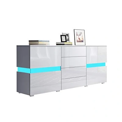 Image of Senvoziii LED Sideboard Storage Cabinet Cupboard Unit 2 Doors 4 Drawers High Gloss TV Stand for Dining Room Living Kitchen