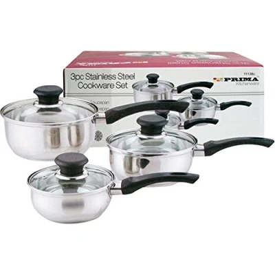 Image of New COOKWARE Set Saucepan Frying PAN Pot Stainless Steel Non Stick Glass Ceramic 0.5MM Body Thickness BAKELITE Handle &amp; KNOBS Stylish EFFICIENT (3PC Set)