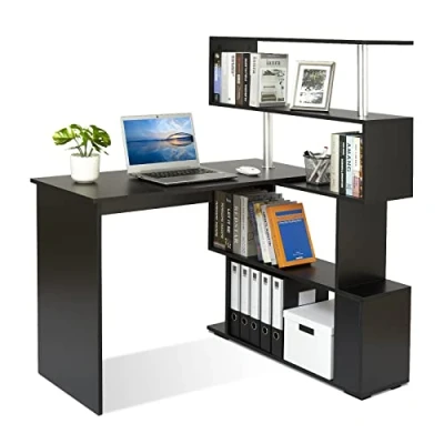 Image of Mondeer L Shaped Computer Desk, Corner 360 Degree Rotatable Shelves, Space Saving Table with Spacious Storage for Home Office Workstation Study, 157 x 45 130.5 cm, Black