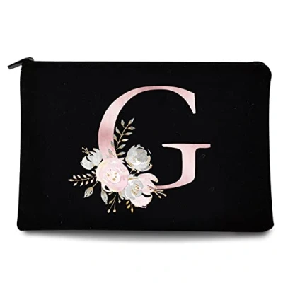 Image of 26 Letter Printed Zip Canvas Pouch Makeup Bag Make Up Bag, Cosmetic Travel Bag,Toiletry Bag,Organizer Bags,Toiletry Bags, Bride Bridesmaid Bag,Pencil Bag,Wash Bag,Coin Purse (Pink Flower G)