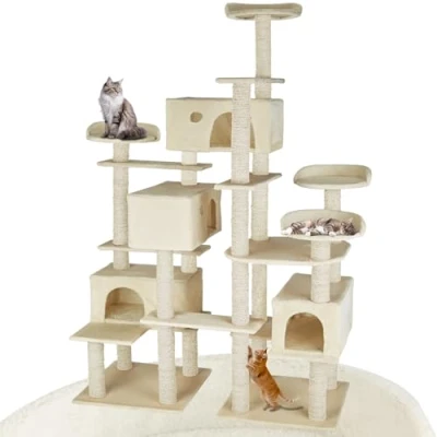 Image of tectake® Multi Level Cat Tree with Sisal Scratching Posts, 4 Perches &amp; Cosy Houses, Robust Structure 2 Sturdy Bases Anti Tip Protection 214 cm Tower for Cats Kittens Beige
