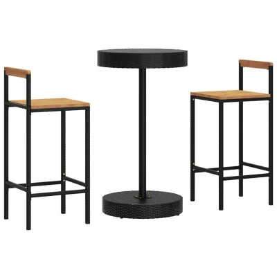 Image of vidaXL 3 Piece Garden Bar Set Black Poly Rattan&amp;Solid Wood Acacia