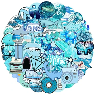 Image of MARSFORCE Cute Vsco Blue Stickers, Gift for Kids Teen Adult, Lovely Waterproof Vinyl Decals Laptop Water Bottles Skateboard Bike Car Helmet Travel Luggage Guitar Toy Phones DIY Party [53 PCS]