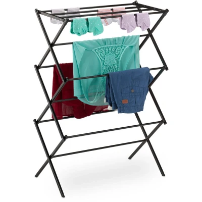 Image of Relaxdays Drying Rack, Folding Laundry Airer, 11 Rods, 6 Tiers, 105x73x37 cm, Metal Clothes Horse, Black, Steel