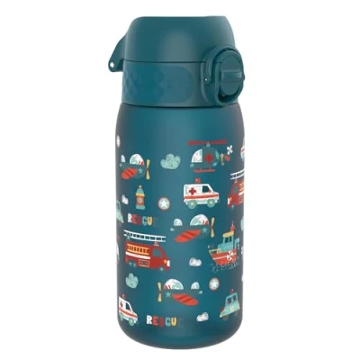 Image of ION8 Kids Water Bottle, 350 ml/12 oz, Leak Proof, Easy to Open, Secure Lock, Dishwasher Safe, BPA Free, Carry Handle, Hygienic Flip Cover, Clean, Odour Carbon Neutral, Teal, Rescue Vehicles