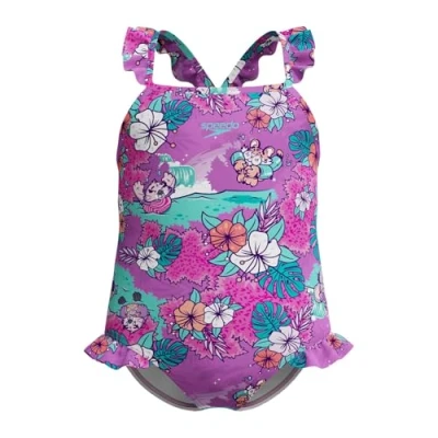 Image of Speedo Girl&#039;s Learn to Swim Printed Frill Thinstrap Swimsuit Chlorine Resistant Quick Drying Swimsuit, Neon Violet, 6YRS
