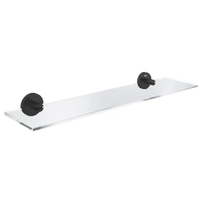 Image of GROHE Start QuickFix Glass Shelf with Matt Black Holders (Metal and Glass, Concealed Fastening, Including Screws Dowels, Extra Easy to Fit QuickGlue), Size 530 mm, 412022430