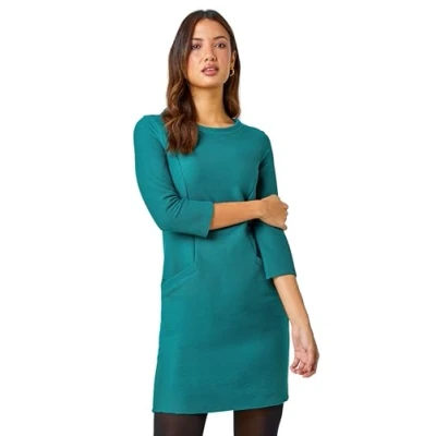 Image of Roman Originals Slouch Dress with Pockets for Women UK Ladies Lounge Tunic Casual Oversized Cocoon Loose Relaxed Fit Floaty Baggy Crepe Work Office Business Smart Day Forest Size 20