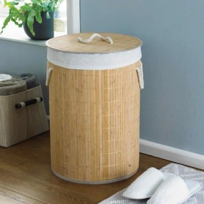 Image of COUNTRY CLUB Round Bamboo Laundry Hamper Basket Clothes Storage Organizer with Lid, Natural, 35 x 50cm
