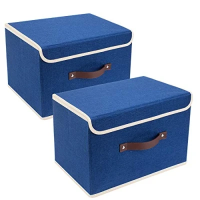 Image of TYEERS Collapsible Storage Box with Lid, Fabric for Clothes, Wardrobe Storage, 38x25x25 cm, Set of 2, Classic Blue