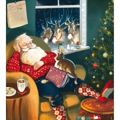 Image of Charity Christmas Cards Pack of 5 Age UK, Marie Curie, BHF, Mind Artistic Festive Design Sleepy Santa Claus Made in the UK Eco Friendly
