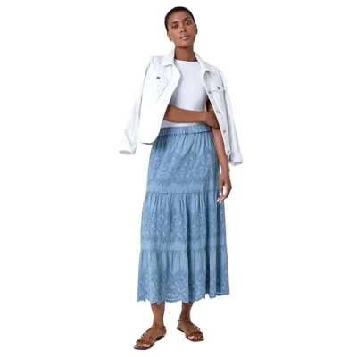 Image of Roman Originals Broderie Tiered Stretch Midi Skirt for Women UK Ladies Everyday Holiday Spring Summer Comfy Soft Evening Vacation Work Party Denim Size 20
