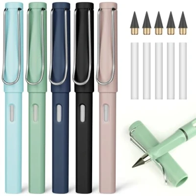 Image of OFFCUP Everlasting Pencil, 5pcs Infinity Pencil with Eraser and Replacement Nibs, Reusable Inkless for Writing, Drawing, Students Home Office School Supplies (Light Color)