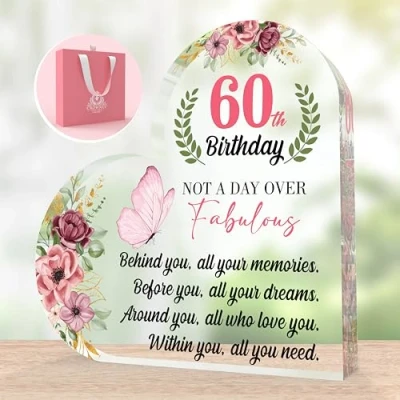 Image of CROWNLY CRYSTAL® 60th Birthday Gifts for Women Heart Shaped Acrylic Plaque Personalised Decorations Grandma Nana Older Love Her