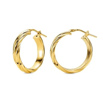 Image of Miore 18ct Gold Plated 925 Sterling Silver Earrings for Women, Textured Round Hoops with Twisted Look 20mm, Handmade in Italy, Delivered Jewellery Box